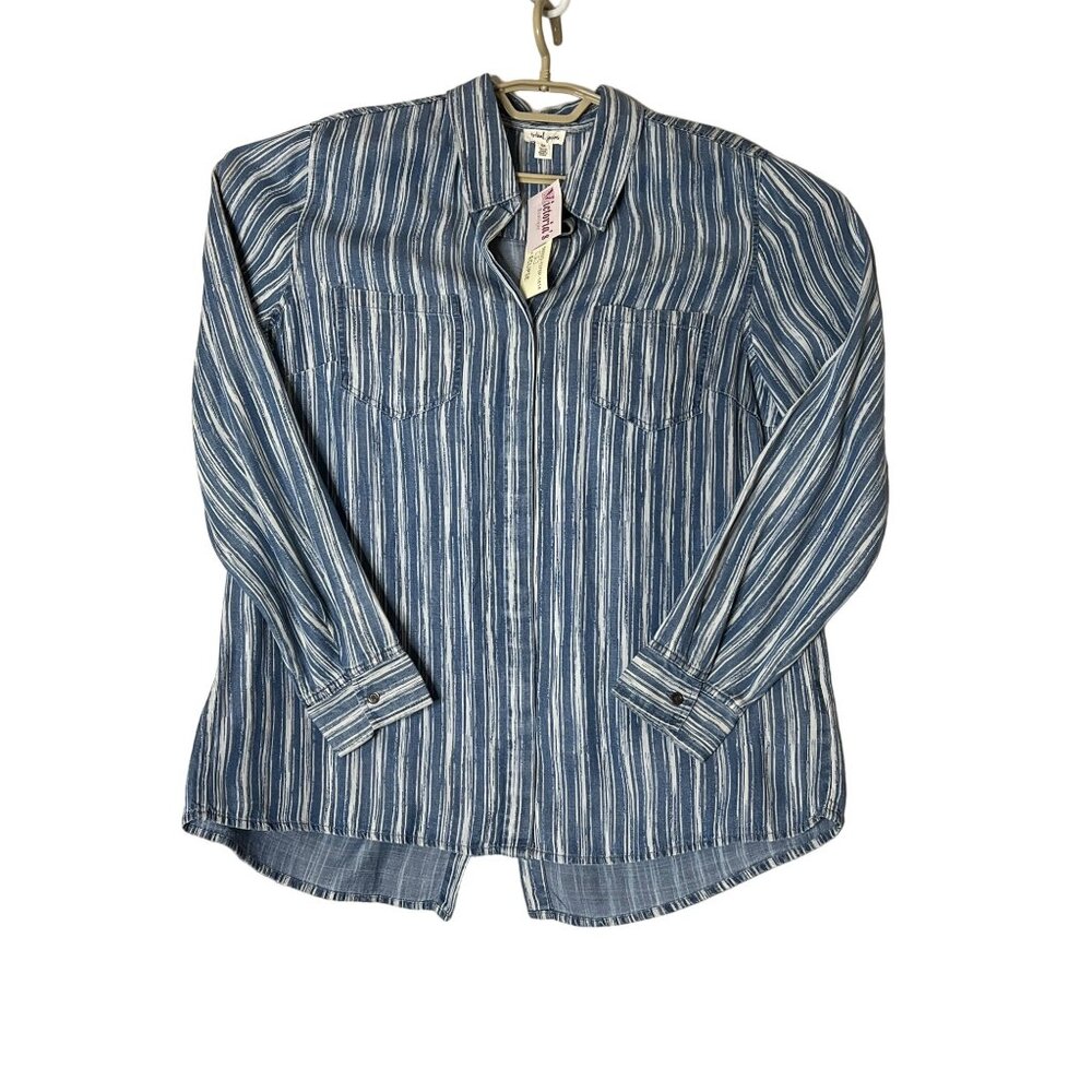 NWT Tribal Jeans Eclipse Striped Button-Up Shirt BUTTON BACK Size L Lyocell